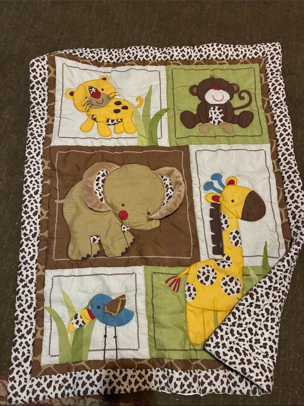 Safari Animal Patchwork Baby Quilt - Yellow, Brown, Green